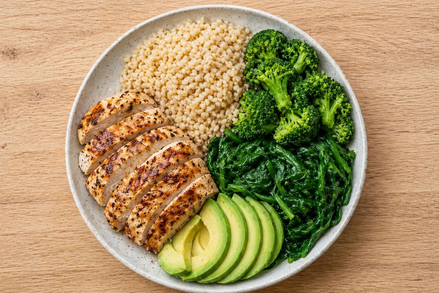 Assiette équilibrée pour profil skinny fat avec poulet grillé, riz complet, légumes verts et avocat