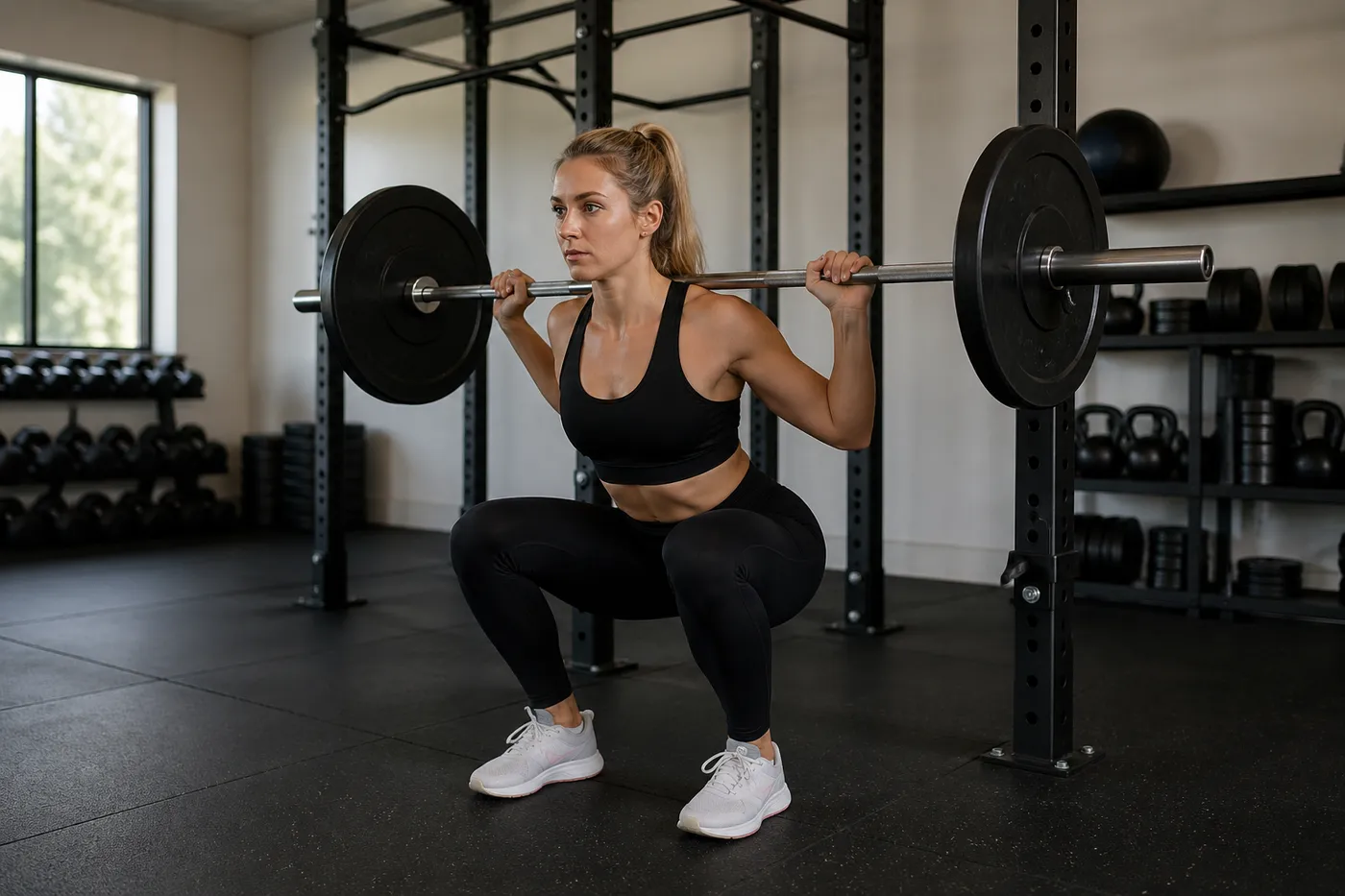 Personne réalisant un squat barre en salle de musculation dans le cadre d'un programme skinny fat de recomposition corporelle