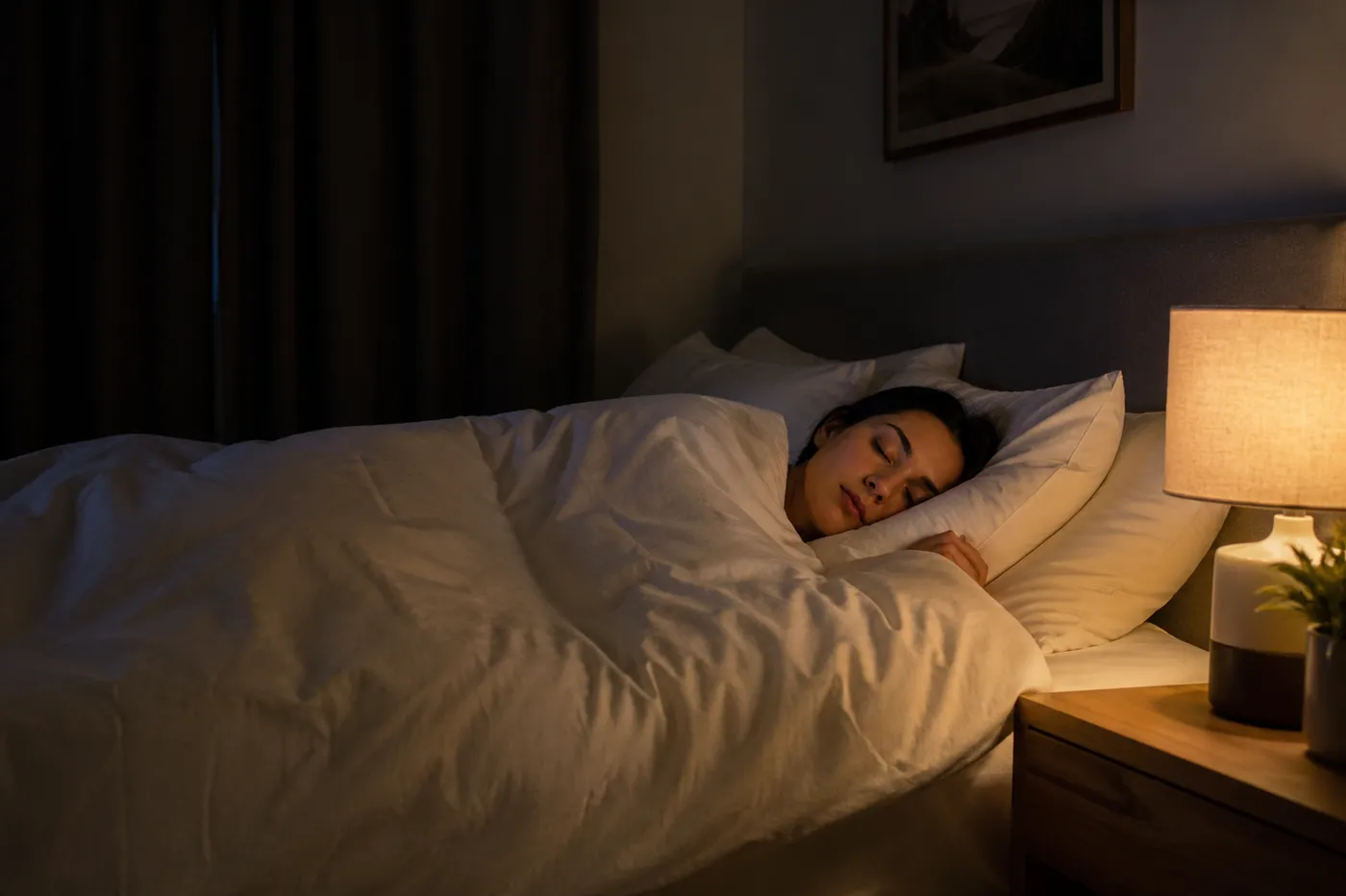 Personne dormant dans une chambre sombre, illustrant l'importance de la récupération nocturne pour la composition corporelle