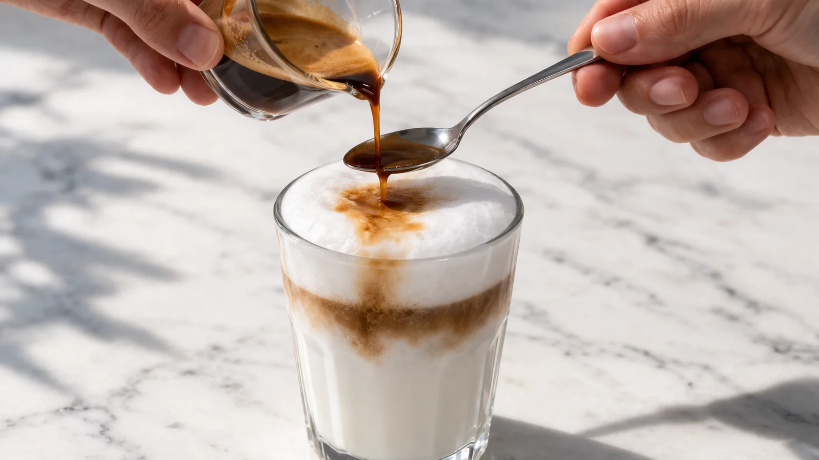 Main versant un espresso serré sur le dos d'une cuillère au-dessus d'un grand verre de lait mousseux pour créer les couches du latte macchiato protéiné