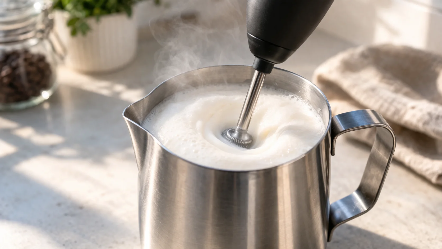 Mousseur à lait électrique en action dans un pichet de lait chaud, mousse crémeuse se formant en surface, sur fond de cuisine claire