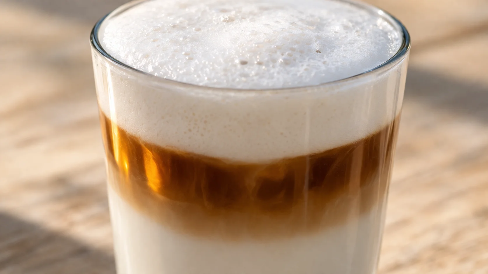 Vue rapprochée des couches du latte macchiato protéiné dans un verre transparent, mousse laiteuse en surface et reflet ambré de l'espresso en dessous