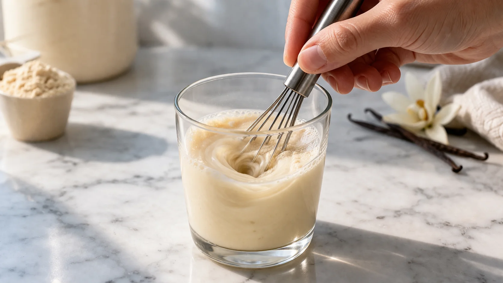 Fouet mélangeant la poudre de whey vanille dans un peu de lait froid dans un verre transparent, sur fond de marbre blanc