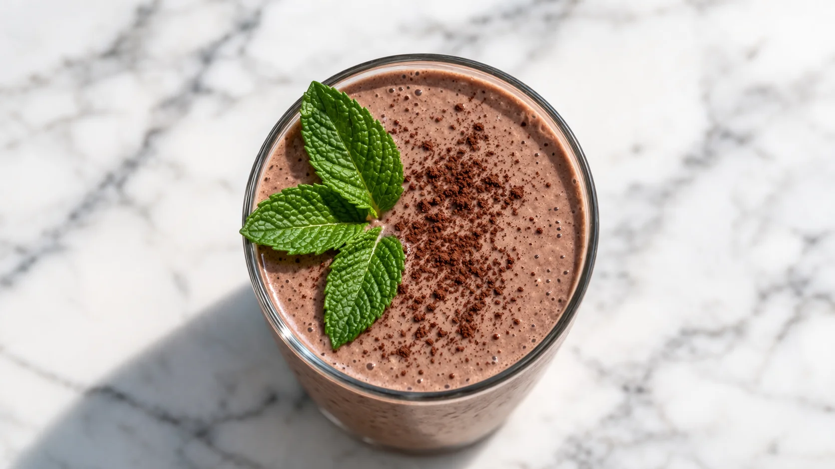 Vue de dessus du milkshake chocolat-menthe protéiné avec topping menthe et voile de cacao en poudre