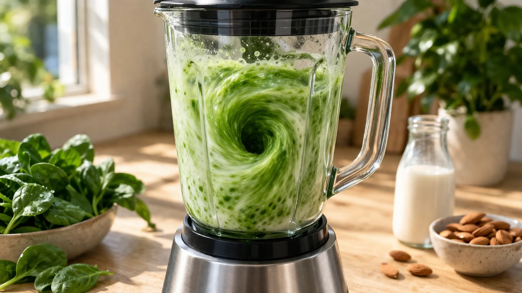 Blender en fonctionnement avec les épinards et le lait d'amande en cours de mixage, couleur vert vif