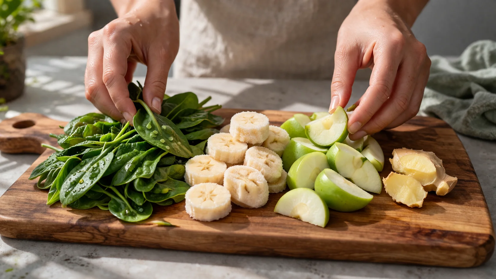 Ingrédients frais du smoothie vert détox protéiné disposés sur une planche à découper en bois, épinards, banane, pomme verte et gingembre