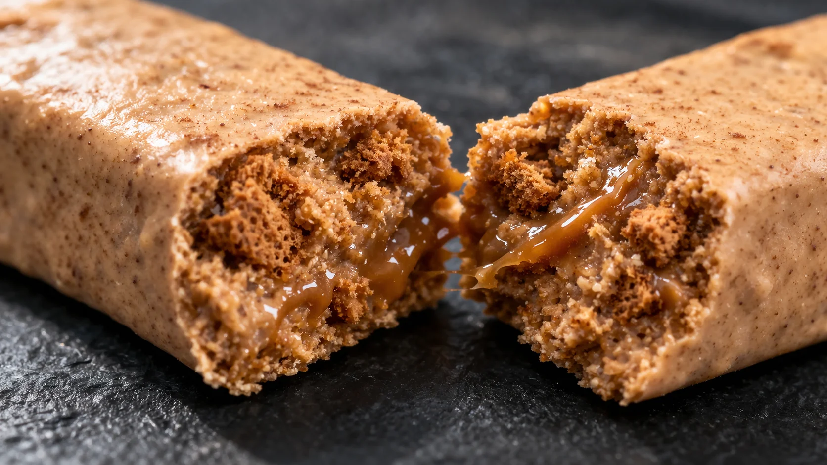 Gros plan sur une barre protéinée spéculoos cassée en deux, texture fondante et granuleuse aux épices visible avec éclats de biscuits, fond ardoise sombre