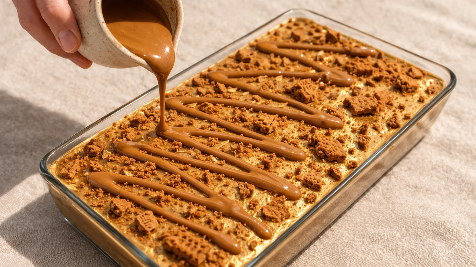 Filet de pâte de spéculoos fondue en zigzag versé sur la surface du plat, éclats de biscuits spéculoos visibles en dessous, plat sur fond lin beige, lumière naturelle