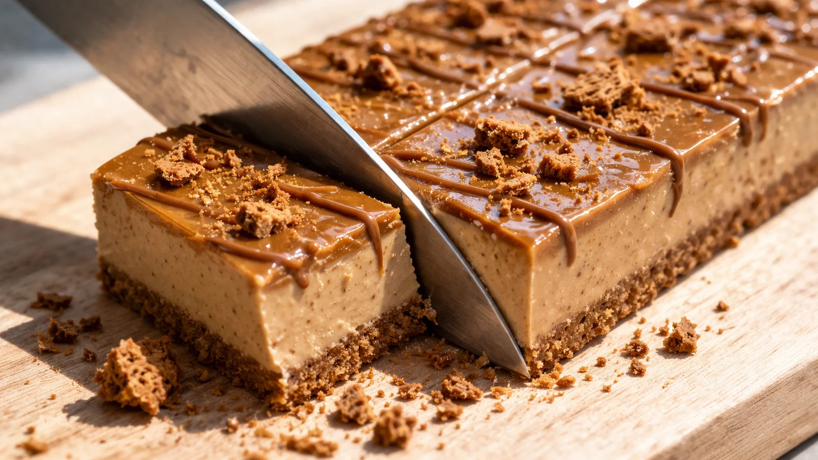 Grand couteau découpant le bloc de barres spéculoos sur une planche en bois clair, coupe nette avec le filet de spéculoos et les éclats de biscuits visibles sur la surface dorée