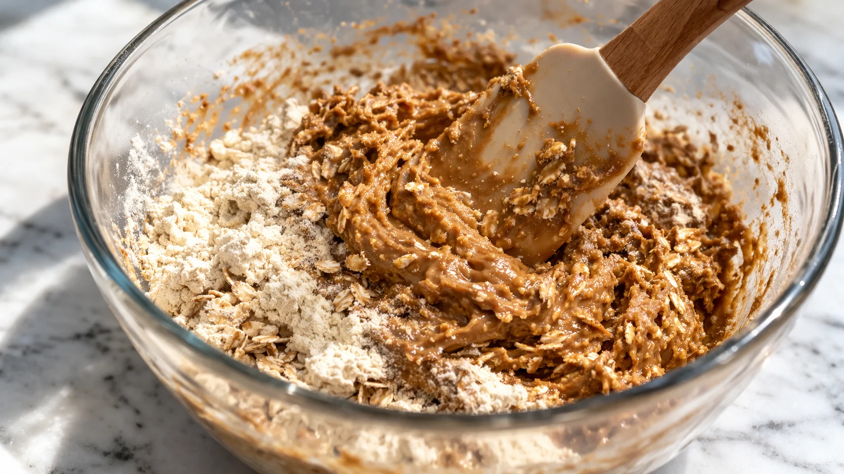 Spatule en silicone incorporant la pâte de spéculoos brune et le beurre d'amande dans les flocons d'avoine et la whey, masse épaisse et dorée en formation dans un saladier