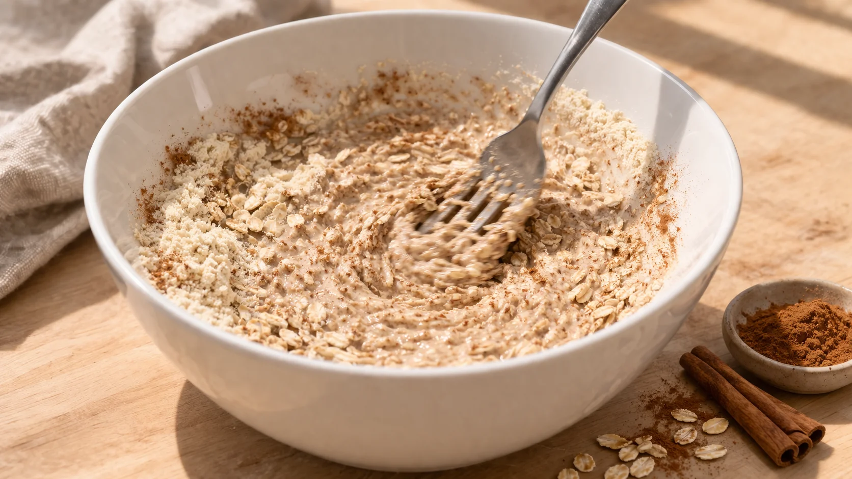 Fourchette mélangeant les flocons d'avoine, la whey vanille et la cannelle dans un grand saladier blanc, poudre beige et épicée homogène, plan de travail en bois clair