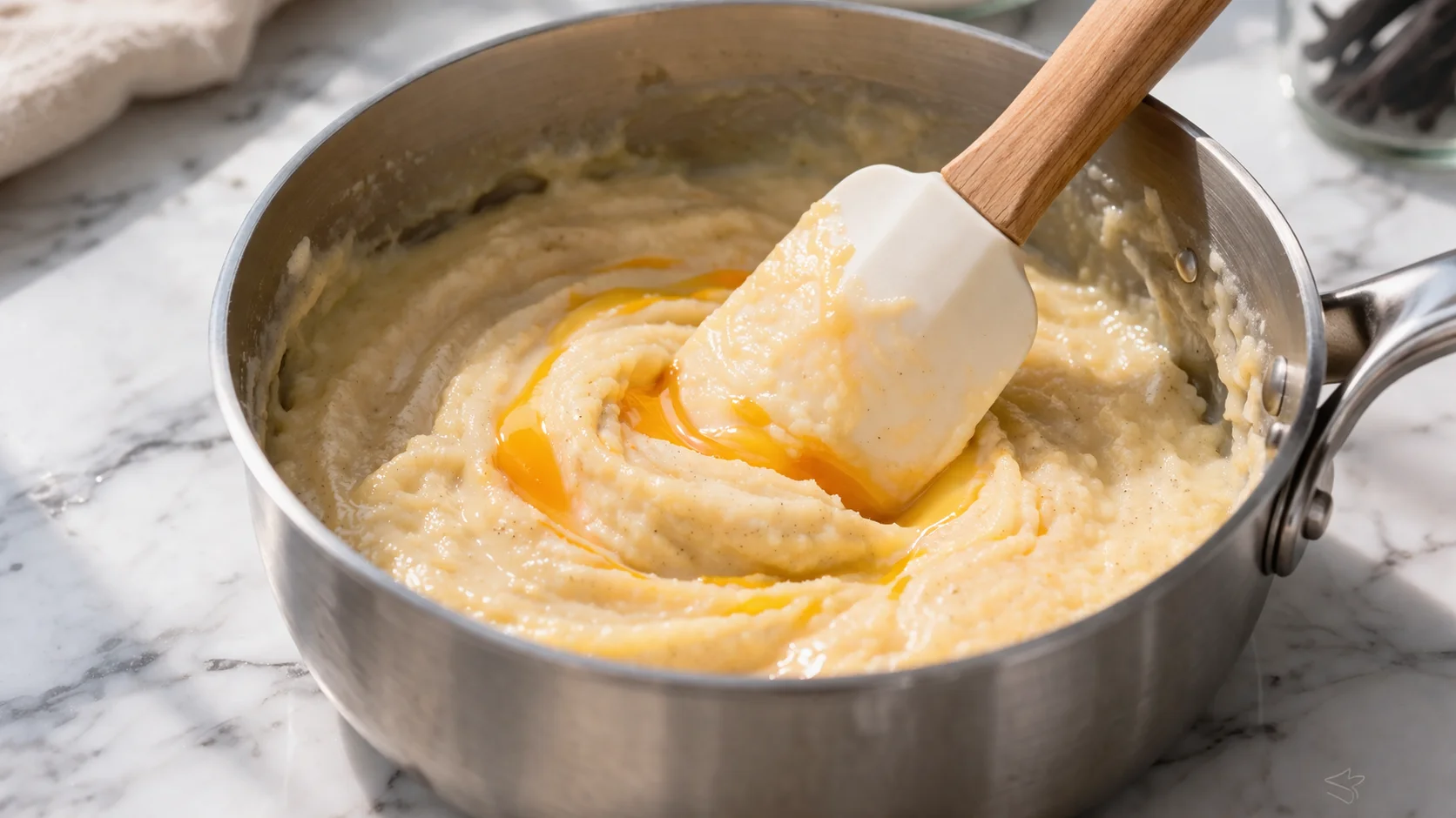 Casserole avec du lait chaud et une gousse de vanille fendue en deux dans la longueur, grains noirs de vanille visibles dans le lait frémissant, plan de travail en bois clair