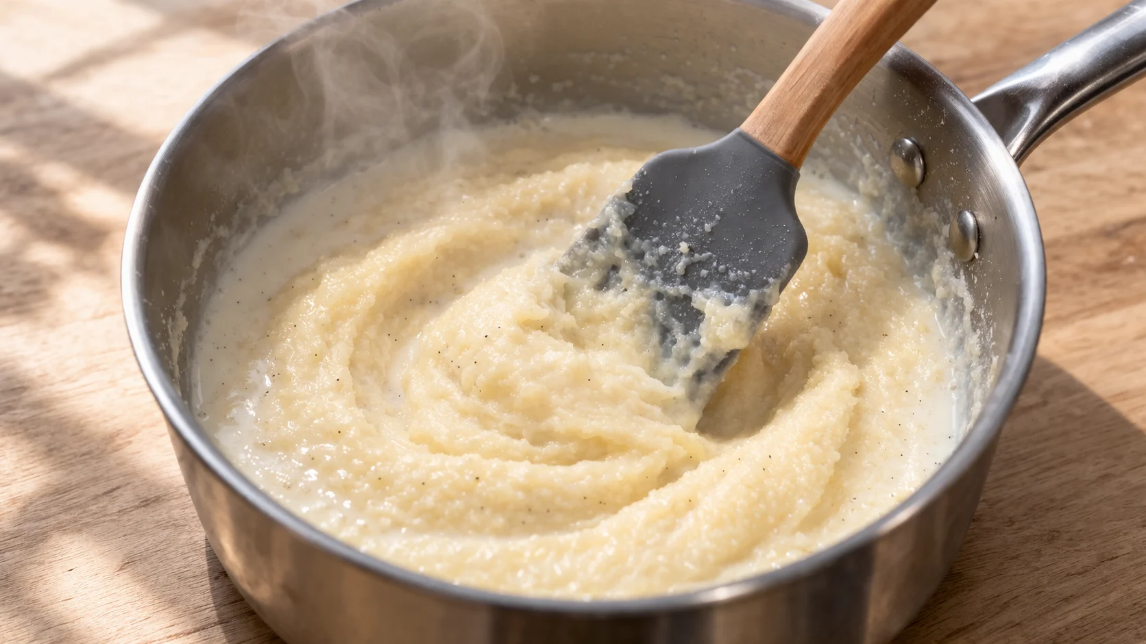 Spatule remuant la semoule fine en train d'épaissir dans le lait vanillé dans une casserole, masse crémeuse et dense en formation, vapeur légère visible