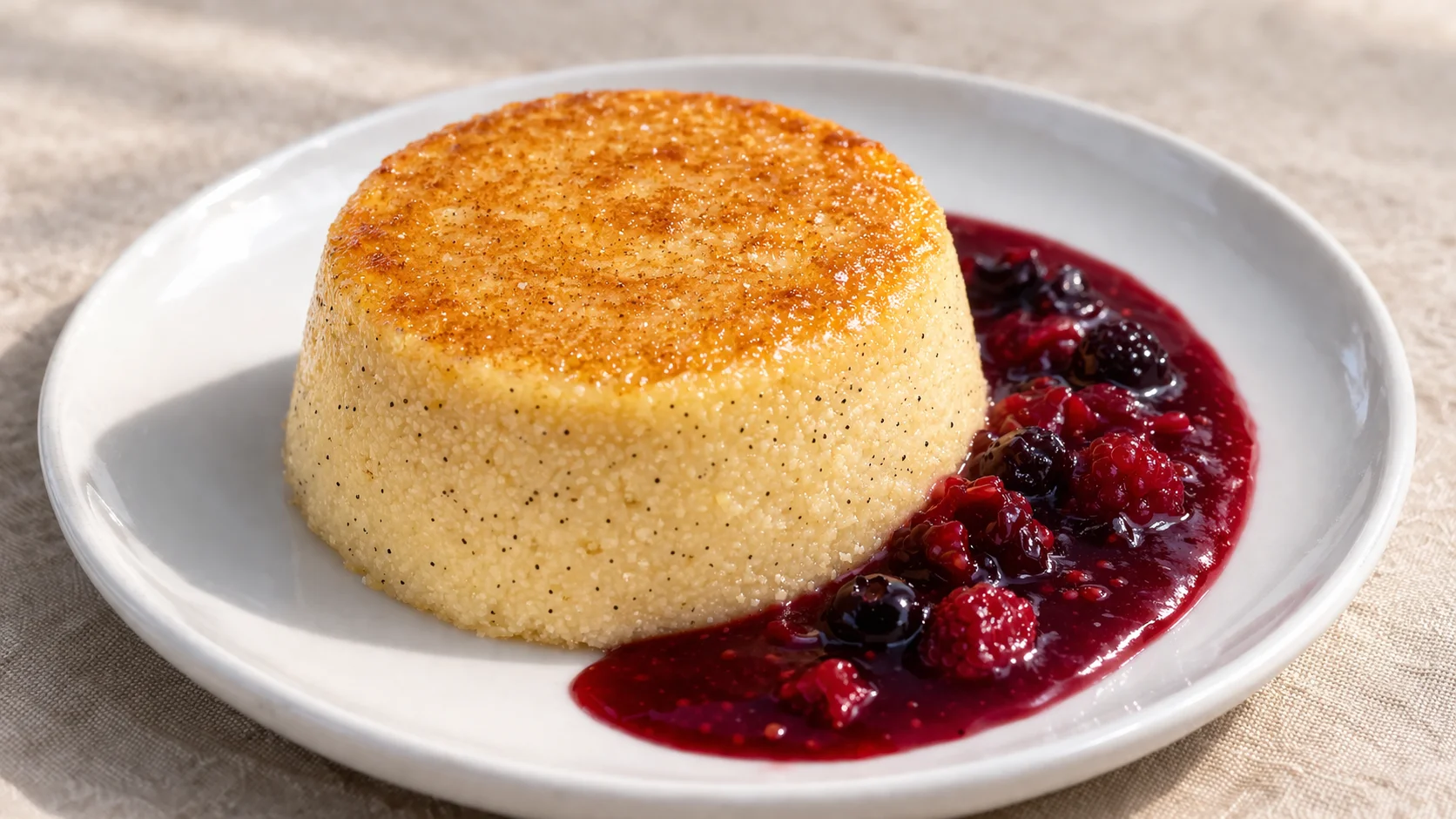 Gâteau de semoule vanillé en train d'être démoulé sur une assiette en céramique blanche, surface dorée et grains de vanille visibles, fond lin beige, lumière naturelle