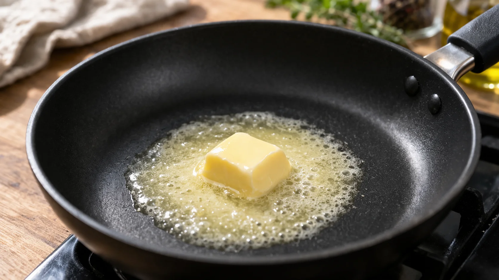 Noisette de beurre en train de fondre lentement dans une poêle antiadhésive noire sur feu doux, beurre fondu et légèrement frémissant sans brunir