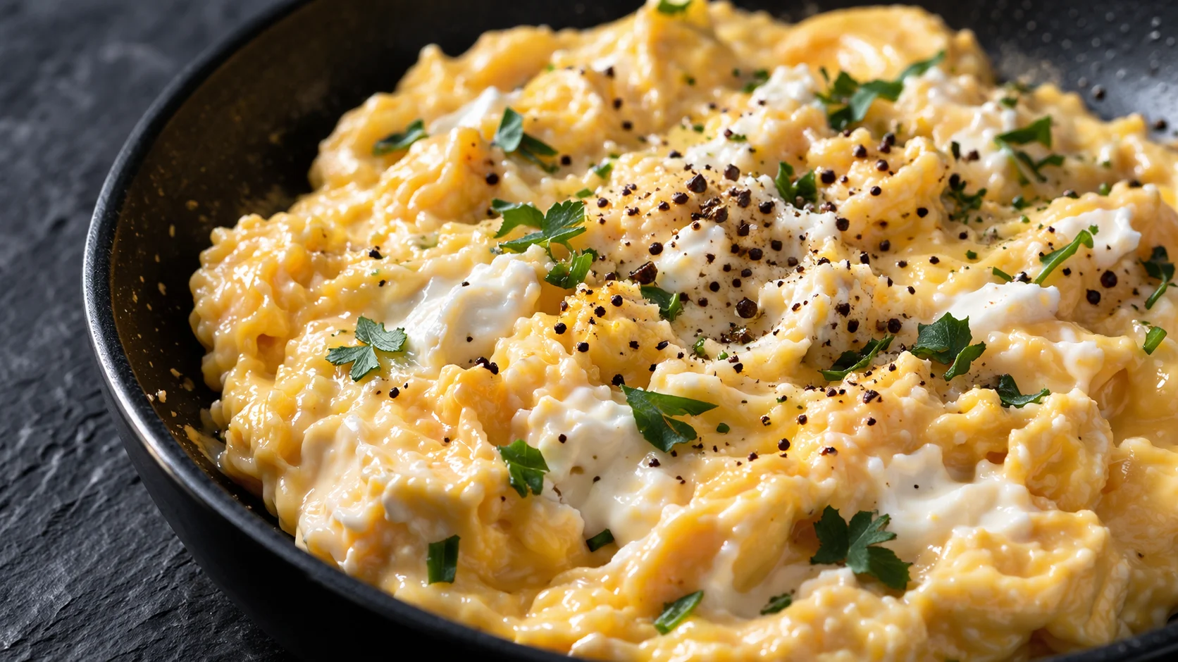 Gros plan sur la texture soyeuse et crémeuse des œufs brouillés au fromage frais dans une poêle, herbes fraîches et poivre concassé visibles