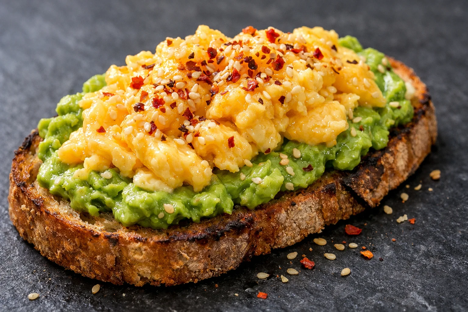 Gros plan sur le toast œufs brouillés avocat, texture crémeuse des œufs jaunes et de l'avocat vert sur pain grillé doré, graines de sésame et piment d'Espelette visibles, fond ardoise sombre