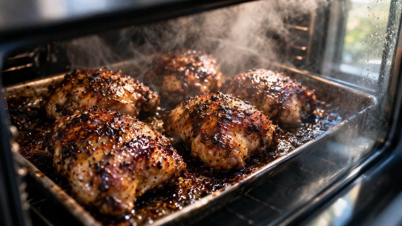 Poulet jerk en cours de cuisson au four, surface caramélisée et dorée, vue à travers la vitre du four