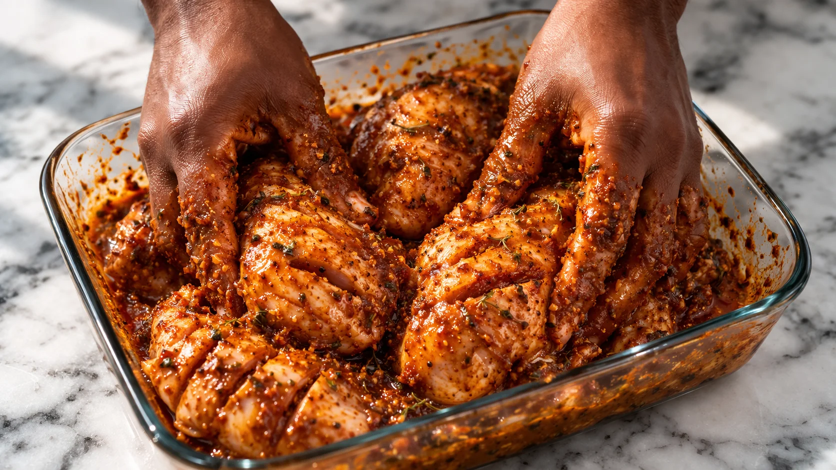 Mains massant des morceaux de poulet incisés avec la pâte de marinade jerk rouge-orangée dans un plat en verre