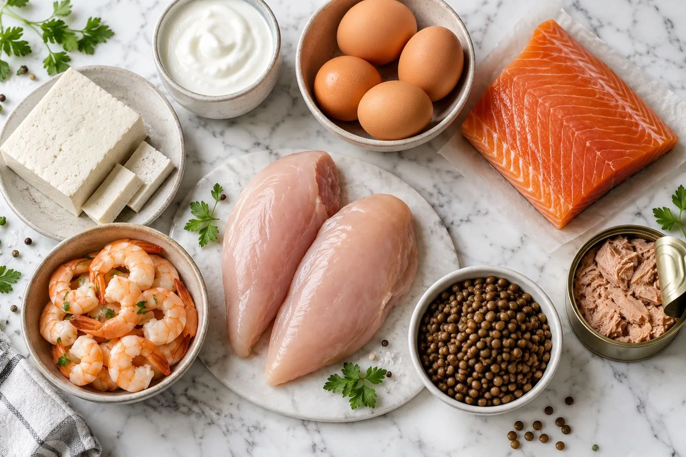 Composition d’aliments riches en protéines vue de dessus : blancs de poulet, saumon, œufs, fromage blanc, tofu, crevettes, lentilles et thon
