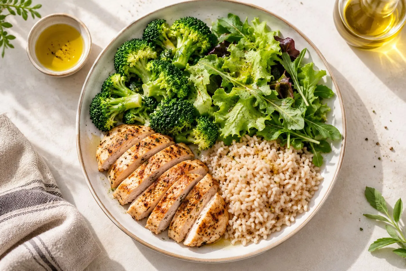 Assiette équilibrée de boxeur avec blanc de poulet grillé, riz complet, brocolis et salade verte