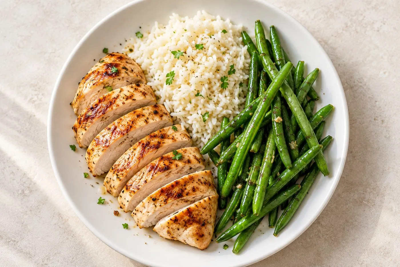 Assiette avec un blanc de poulet grillé, du riz et des haricots verts, portion d’environ 30 g de protéines