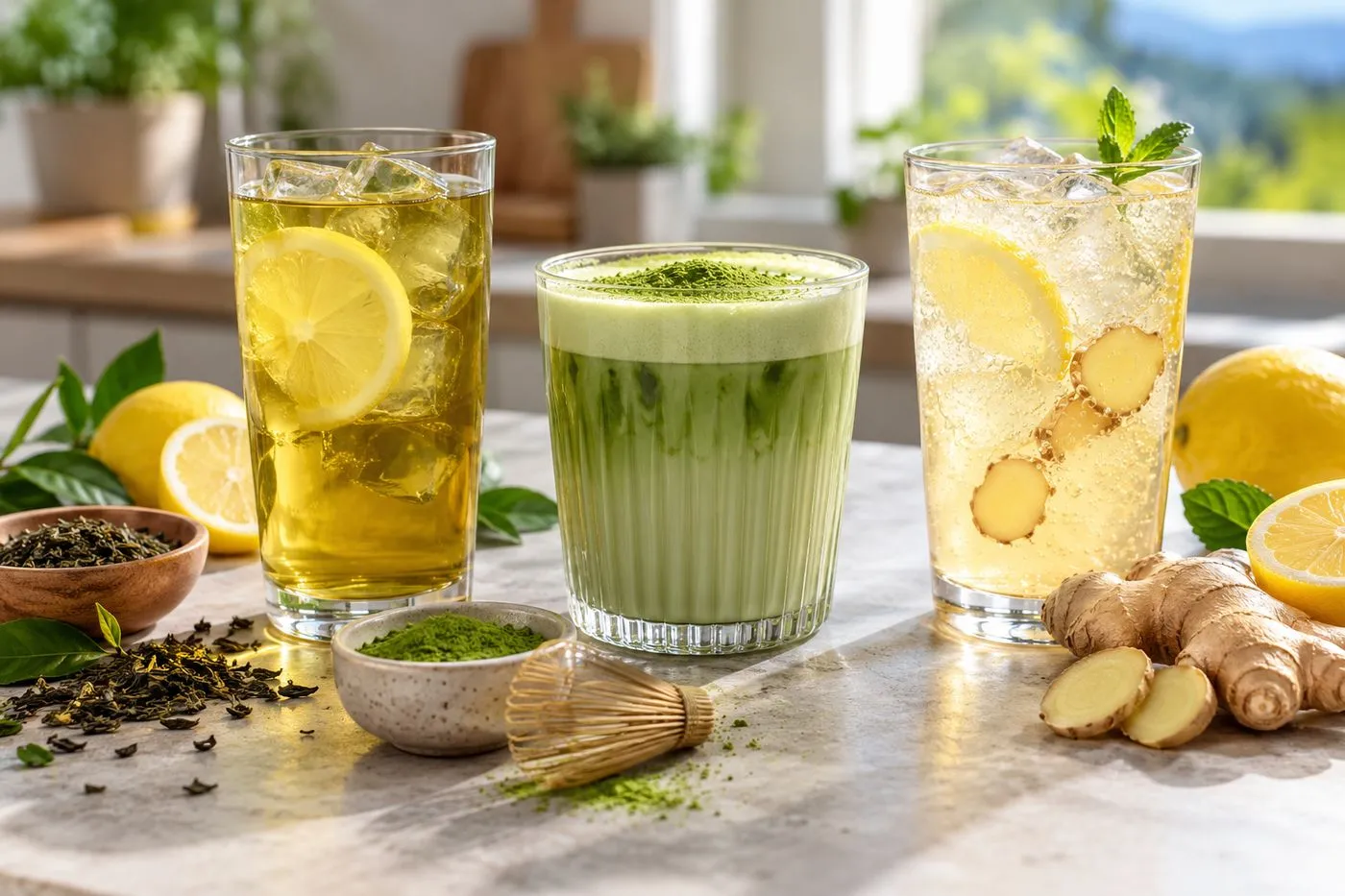 Trois boissons maison dans des verres : thé vert glacé au citron, latte au matcha et boisson pétillante citron-gingembre