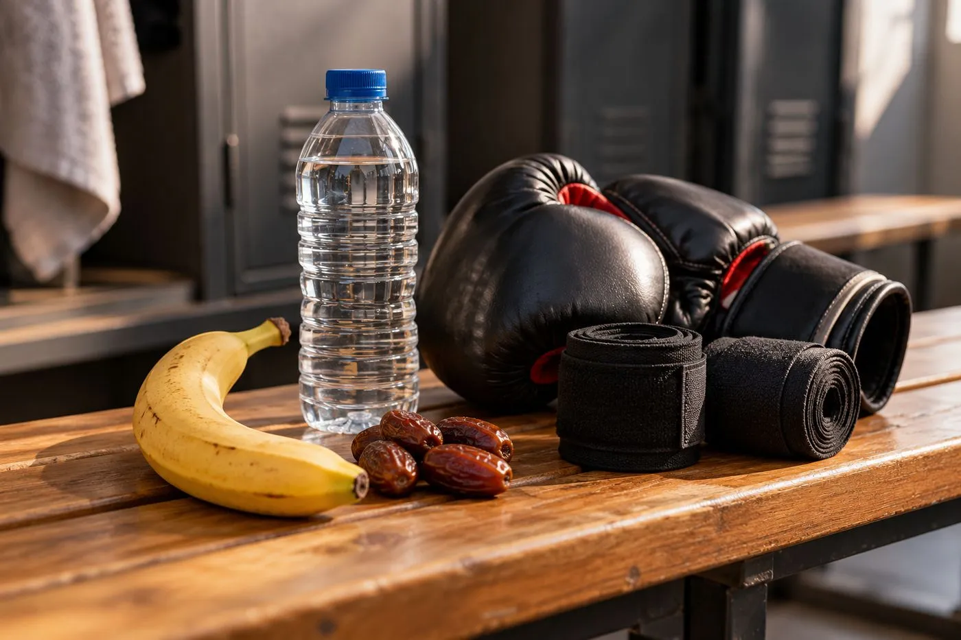 Banane, dattes et bouteille d’eau posées sur un banc à côté de gants de boxe avant une séance