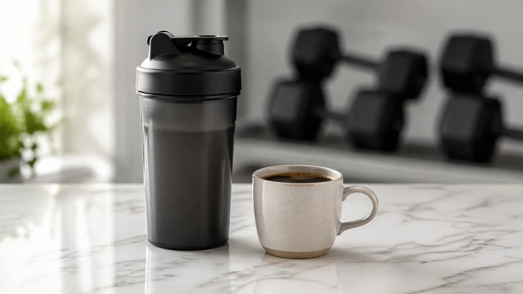 Shaker de créatine posé à côté d'une tasse de café noir sur un plan de travail de cuisine