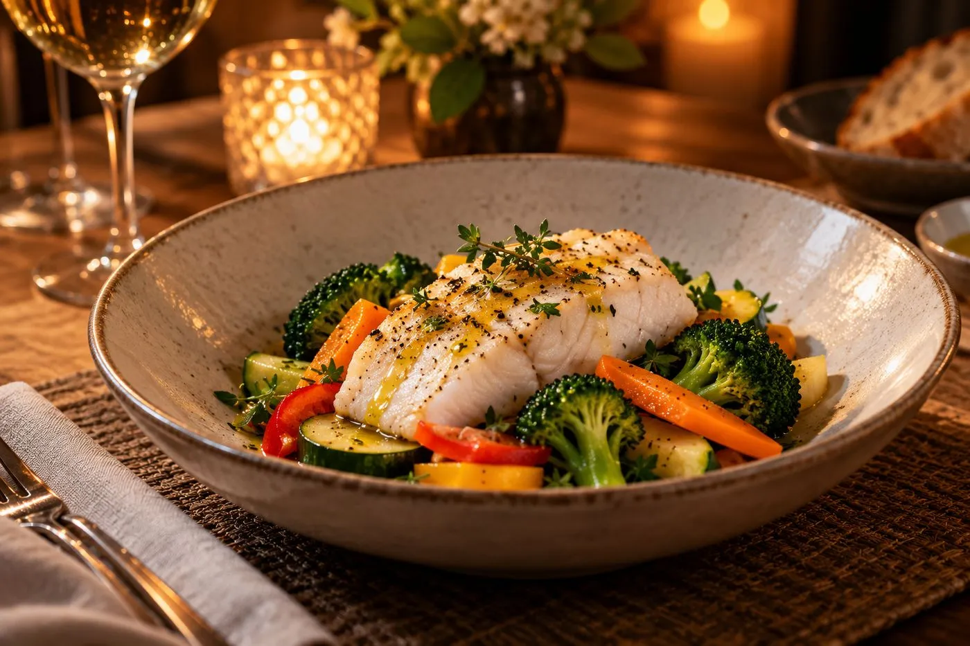 Dîner léger et protéiné avec un filet de poisson blanc, des légumes vapeur et un filet d’huile d’olive