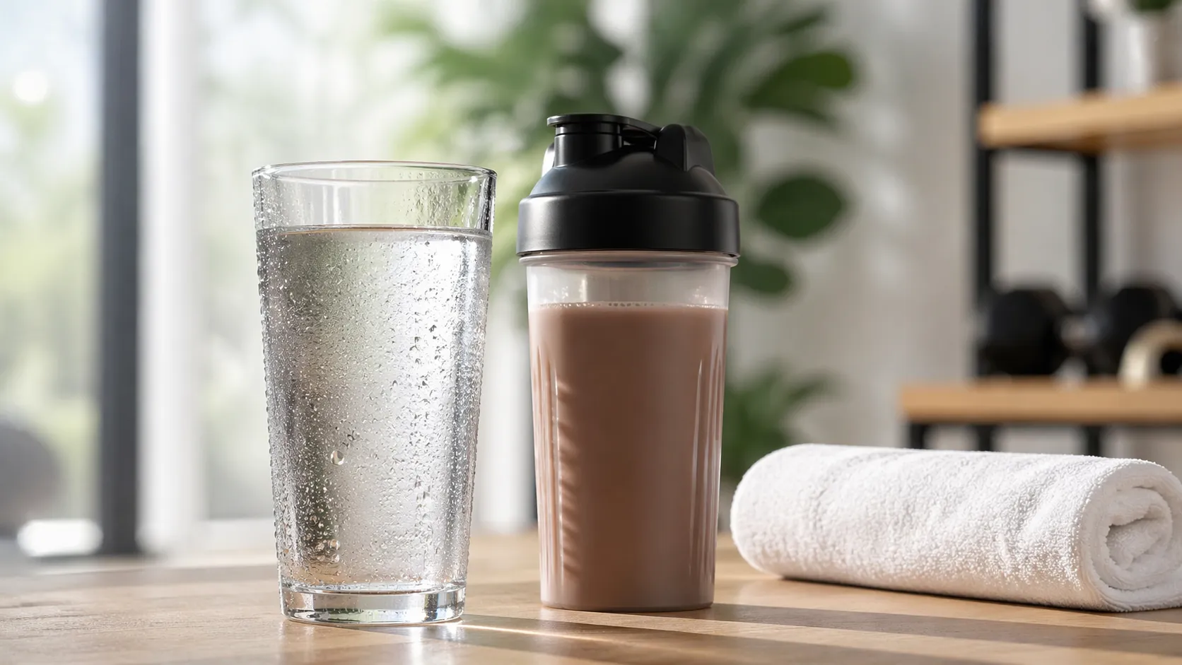 Verre d'eau fraîche à côté d'un shaker et d'une serviette d'entraînement