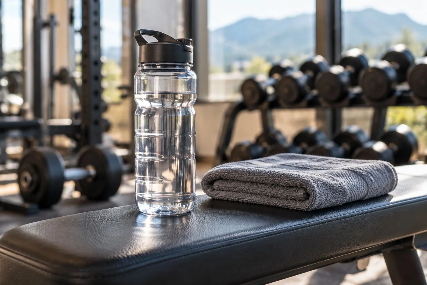 Gourde d’eau posée sur un banc de salle de musculation à côté d’une serviette