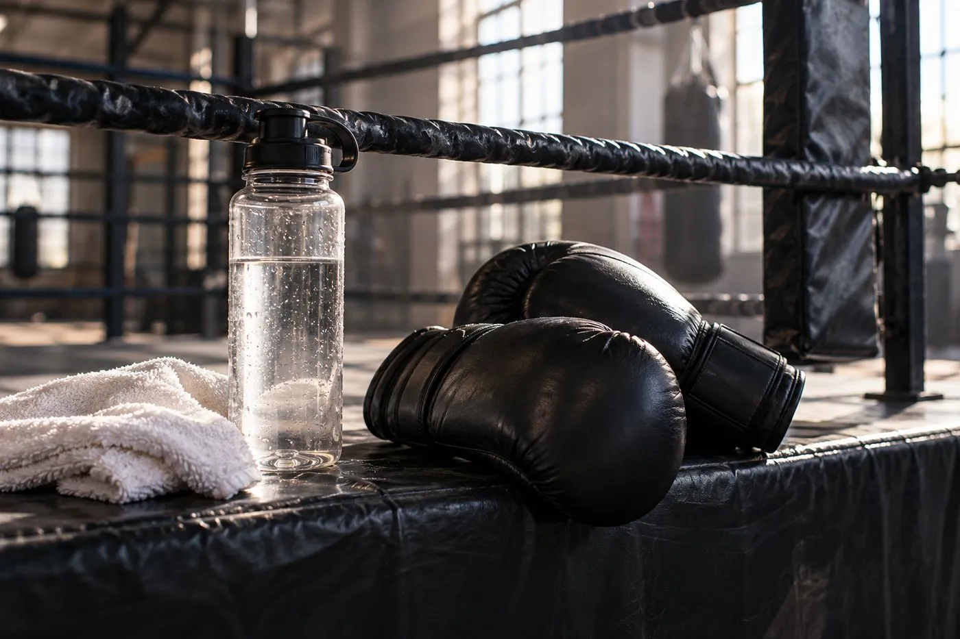 Gourde d’eau, serviette et gants de boxe posés au bord d’un ring pendant une pause entre deux rounds
