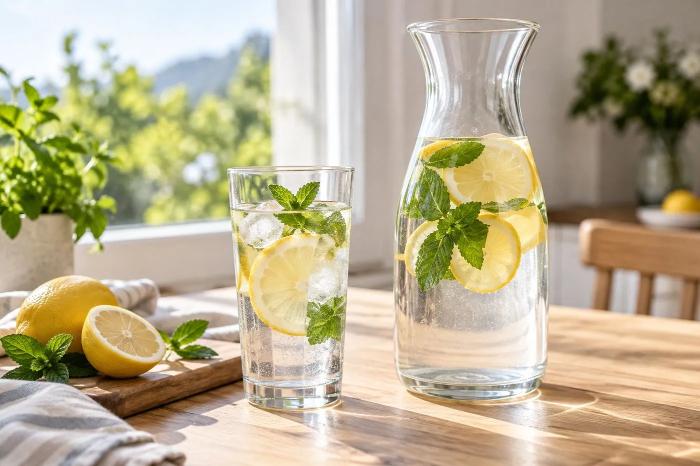 Carafe et grand verre d’eau fraîche avec citron et menthe sur une table en bois, rappel de l’hydratation indispensable pendant un régime hyperprotéiné