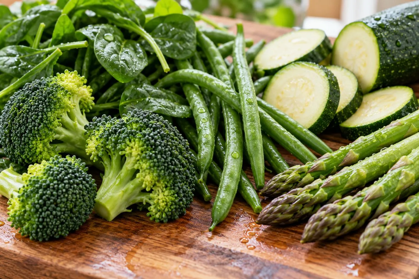 Gros plan sur des légumes verts frais : brocoli, pousses d’épinards, haricots verts, courgettes et asperges sur une planche en bois