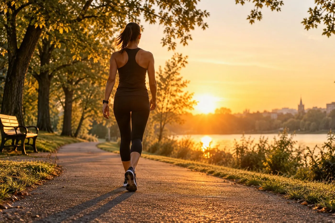 Personne en tenue de sport marchant d’un bon pas dans un parc au lever du soleil, activité physique qui préserve le muscle pendant un régime