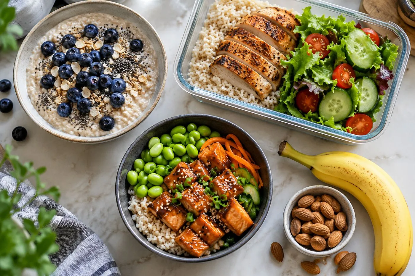 Repas de la journée d’un boxeur préparés à l’avance : porridge aux myrtilles, poulet et riz, saumon teriyaki et collation