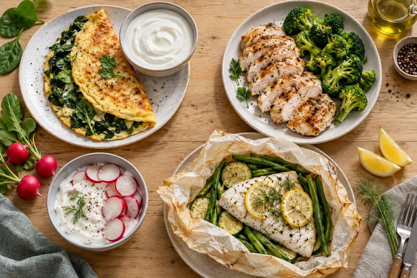 Menu type d’une journée de régime hyperprotéiné : omelette et fromage blanc, poulet grillé aux brocolis, skyr et radis, cabillaud en papillote aux légumes verts