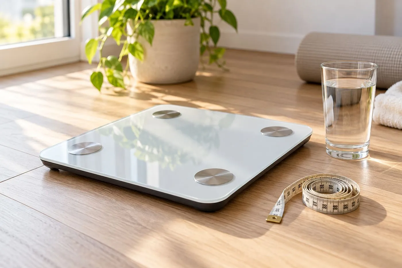 Pèse-personne, mètre ruban et verre d’eau sur un parquet clair, symboles de la perte de poids rapide au début d’un régime hyperprotéiné