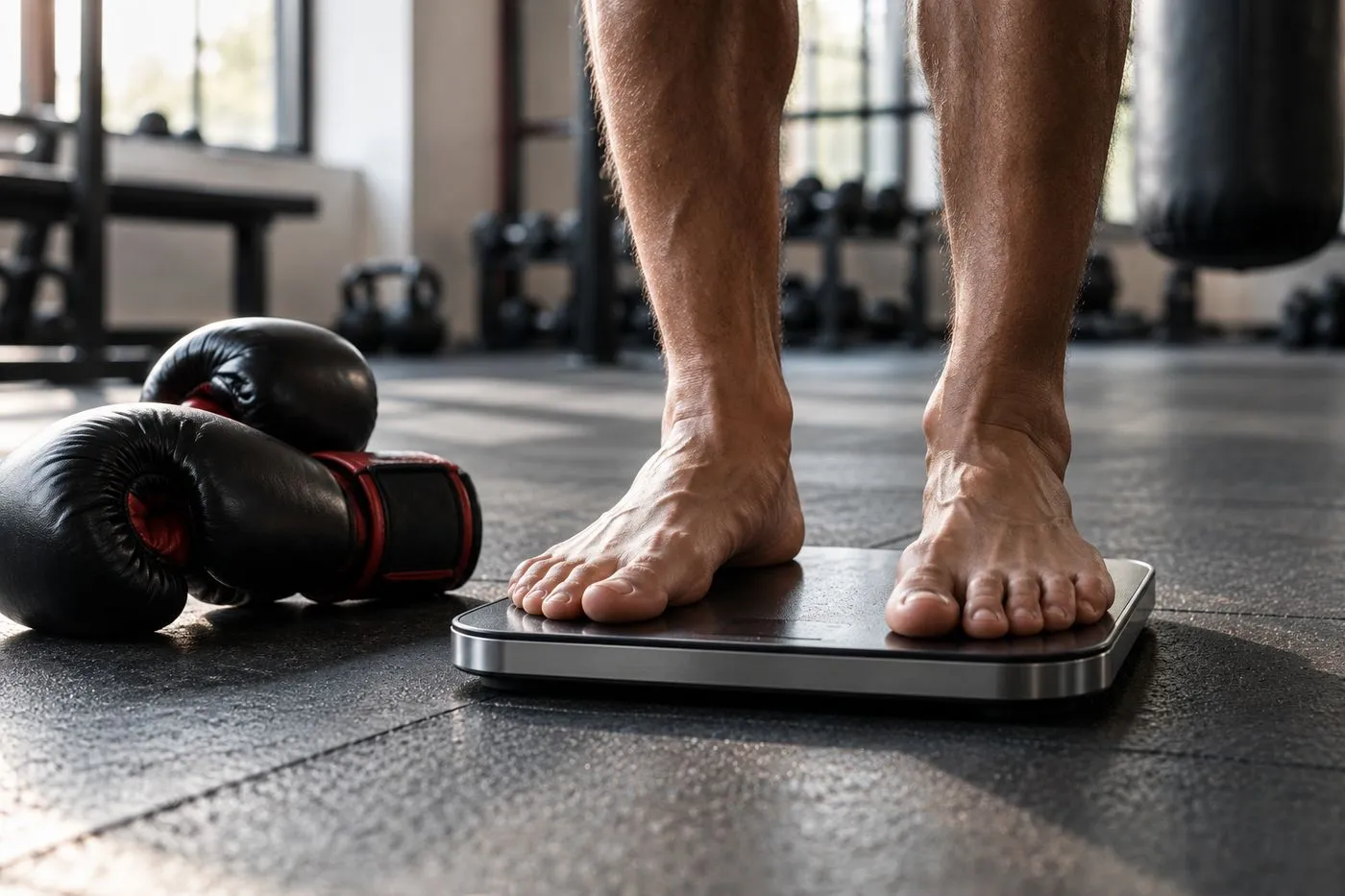 Pieds d’un boxeur sur une balance de pesée avec une paire de gants de boxe posée au sol à côté