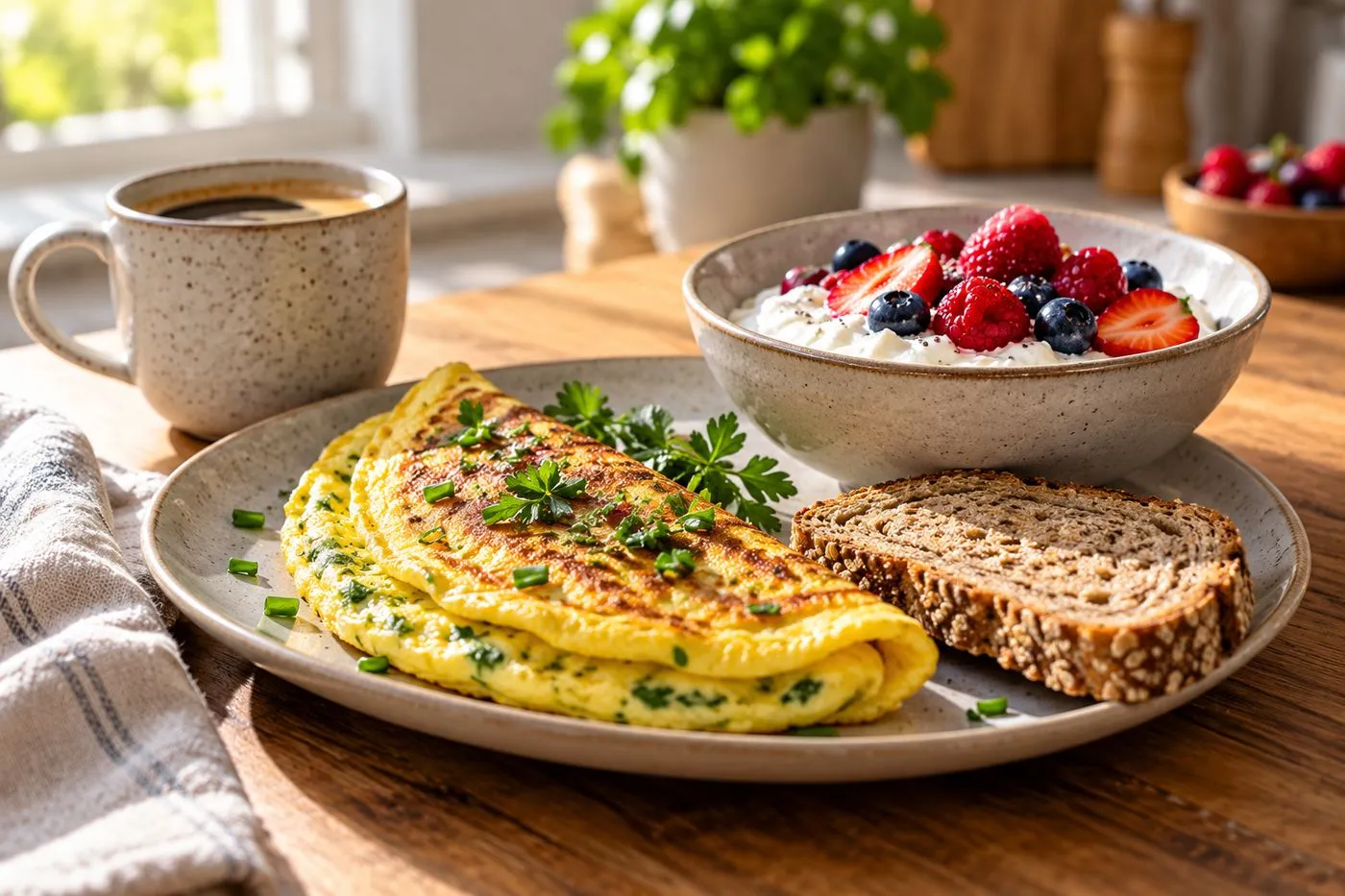 Petit-déjeuner protéiné avec omelette, bol de fromage blanc aux fruits et tranche de pain complet