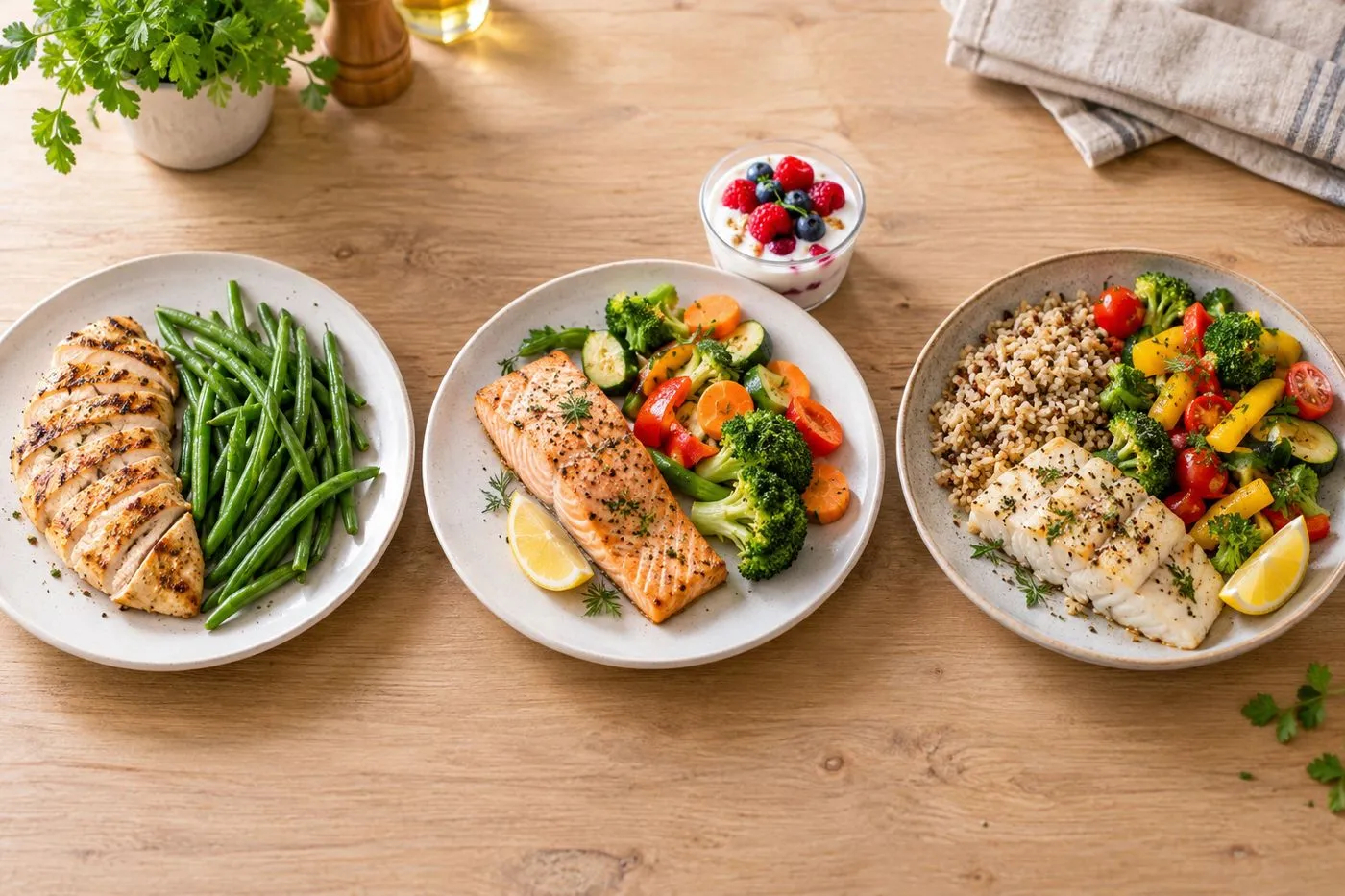 Trois assiettes alignées illustrant les phases d’un régime hyperprotéiné : protéines et légumes verts, puis fruits et laitages, puis repas équilibré complet