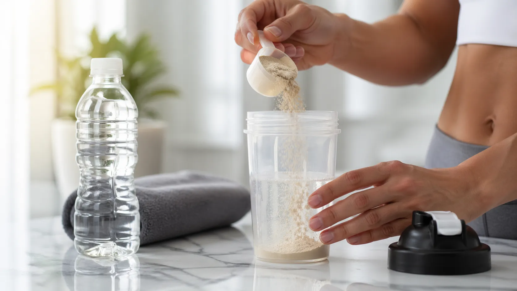 Mains préparant un shaker de pré-workout avec mesureur de poudre et bouteille d'eau