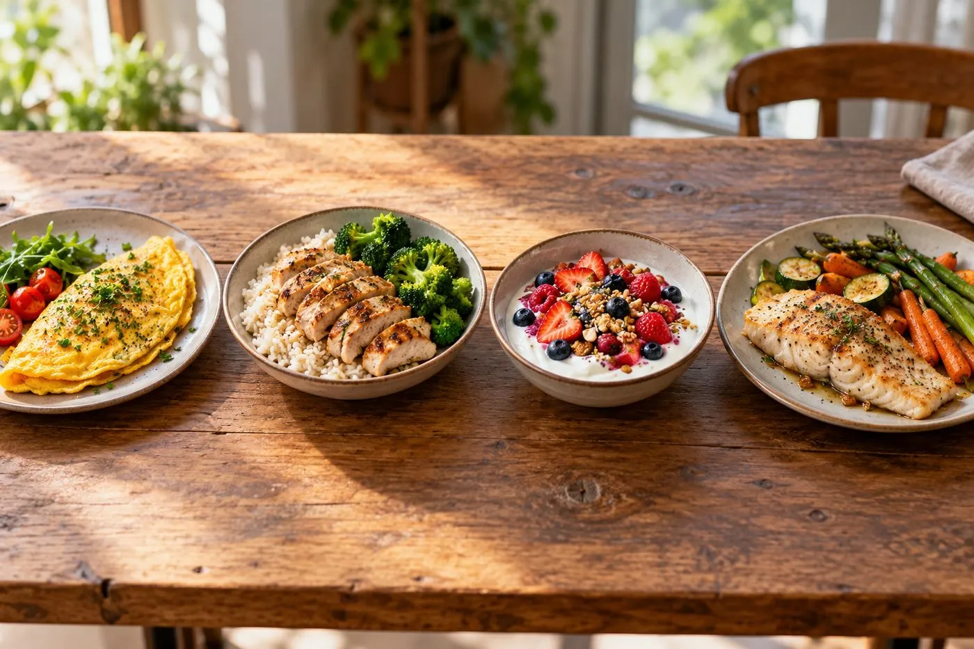 Quatre repas protéinés alignés sur une table : petit-déjeuner aux œufs, déjeuner au poulet, collation au yaourt grec et dîner au poisson