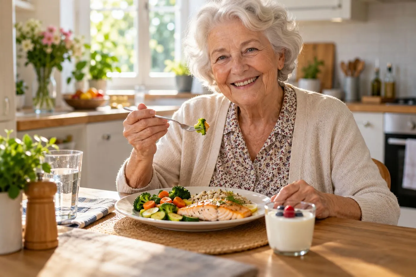 Personne âgée attablée devant un repas riche en protéines avec poisson, légumes et produit laitier