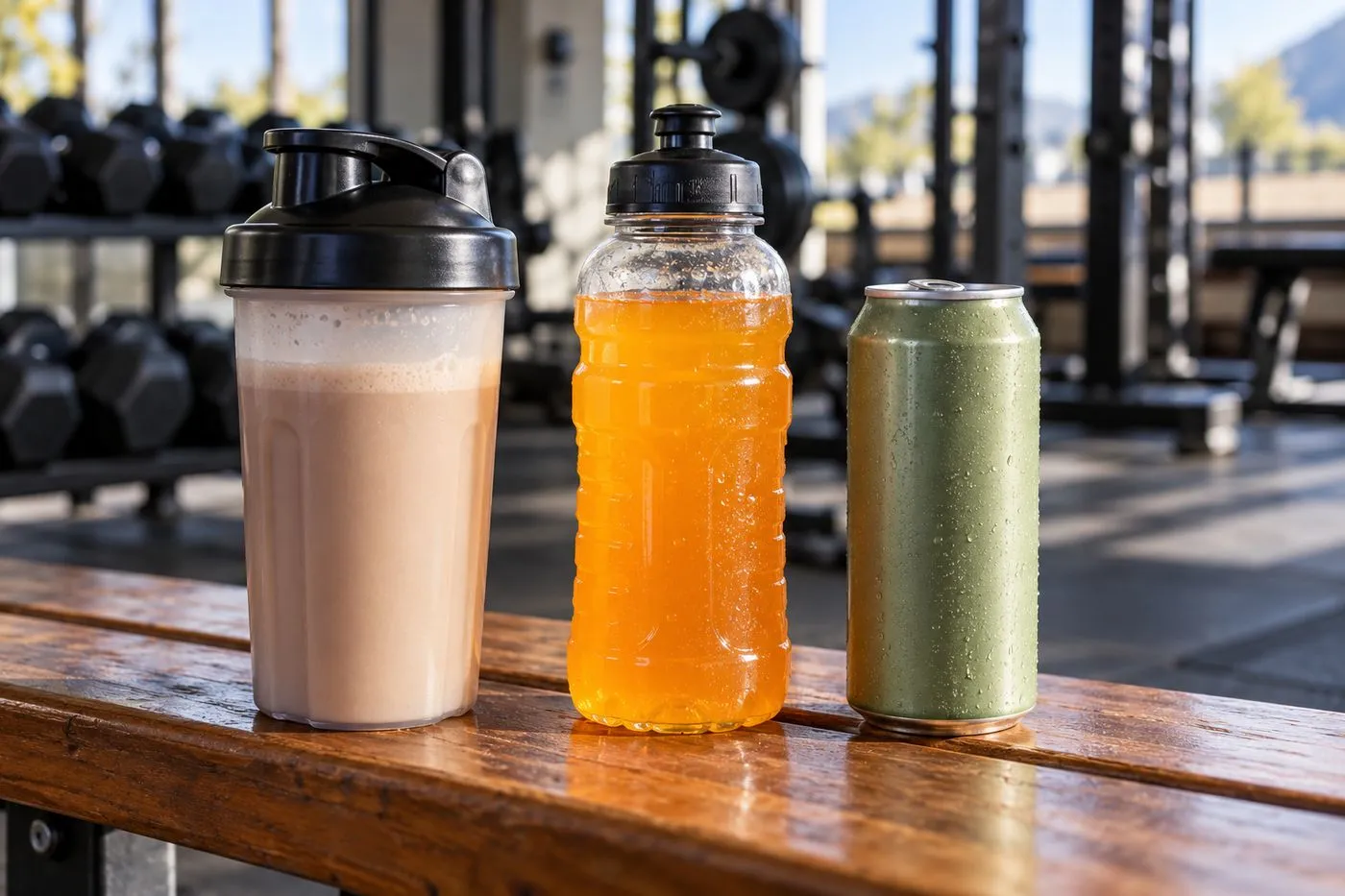 Un shaker protéiné, une gourde de boisson de l’effort et une canette sans marque posés côte à côte sur un banc en bois