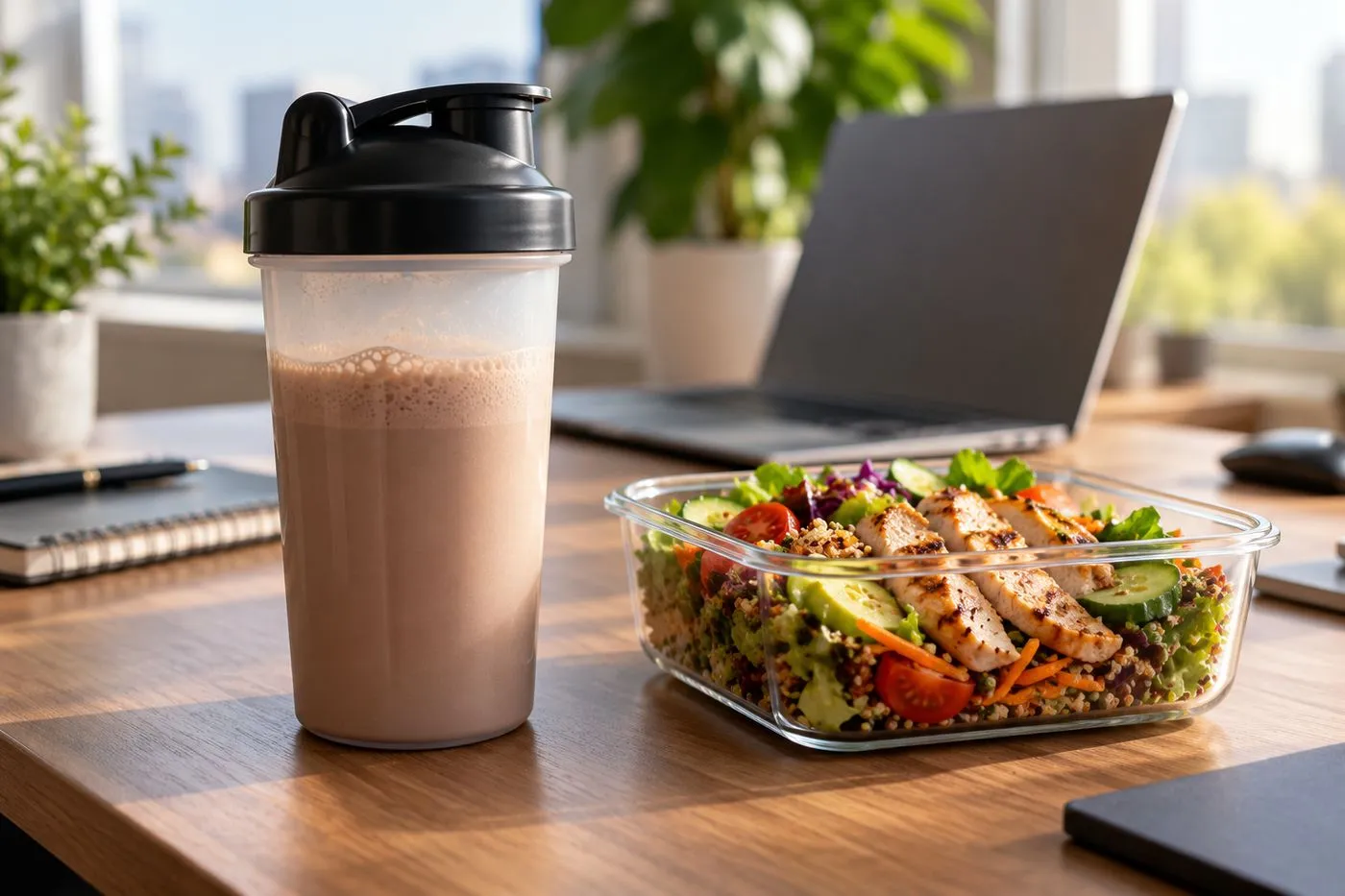 Shaker de whey posé à côté d’une salade composée sur un bureau, pour compléter un déjeuner rapide en protéines