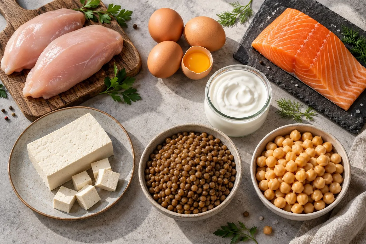 Sources de protéines animales et végétales sur un plan de travail : poulet, œufs, saumon, skyr, tofu, lentilles et pois chiches