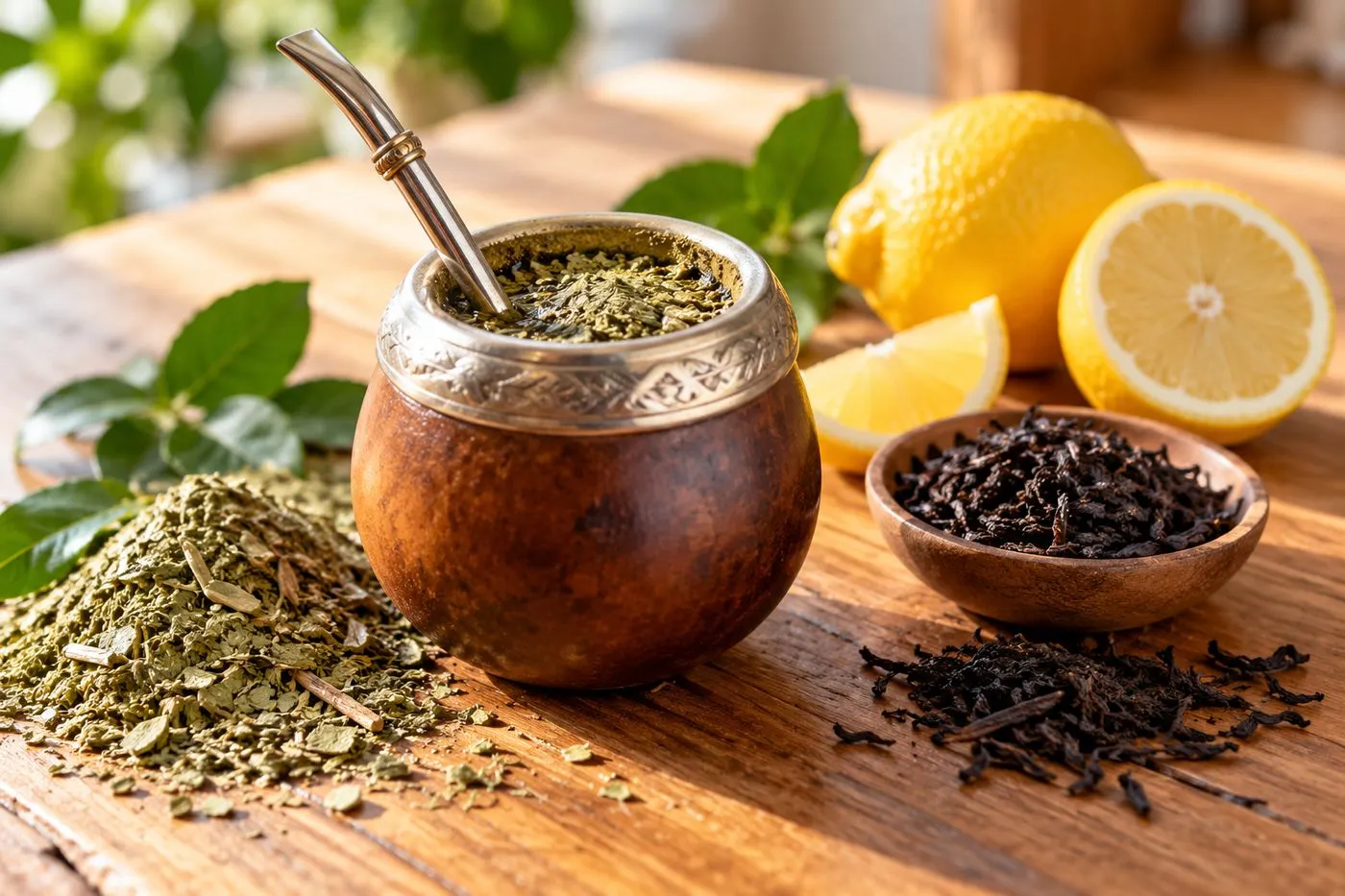 Feuilles séchées de yerba maté dans une calebasse avec sa bombilla, à côté de feuilles de thé noir en vrac et d’un citron