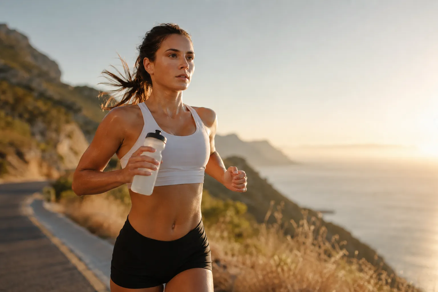 Sportive hydratée et en forme pendant une séance d'endurance